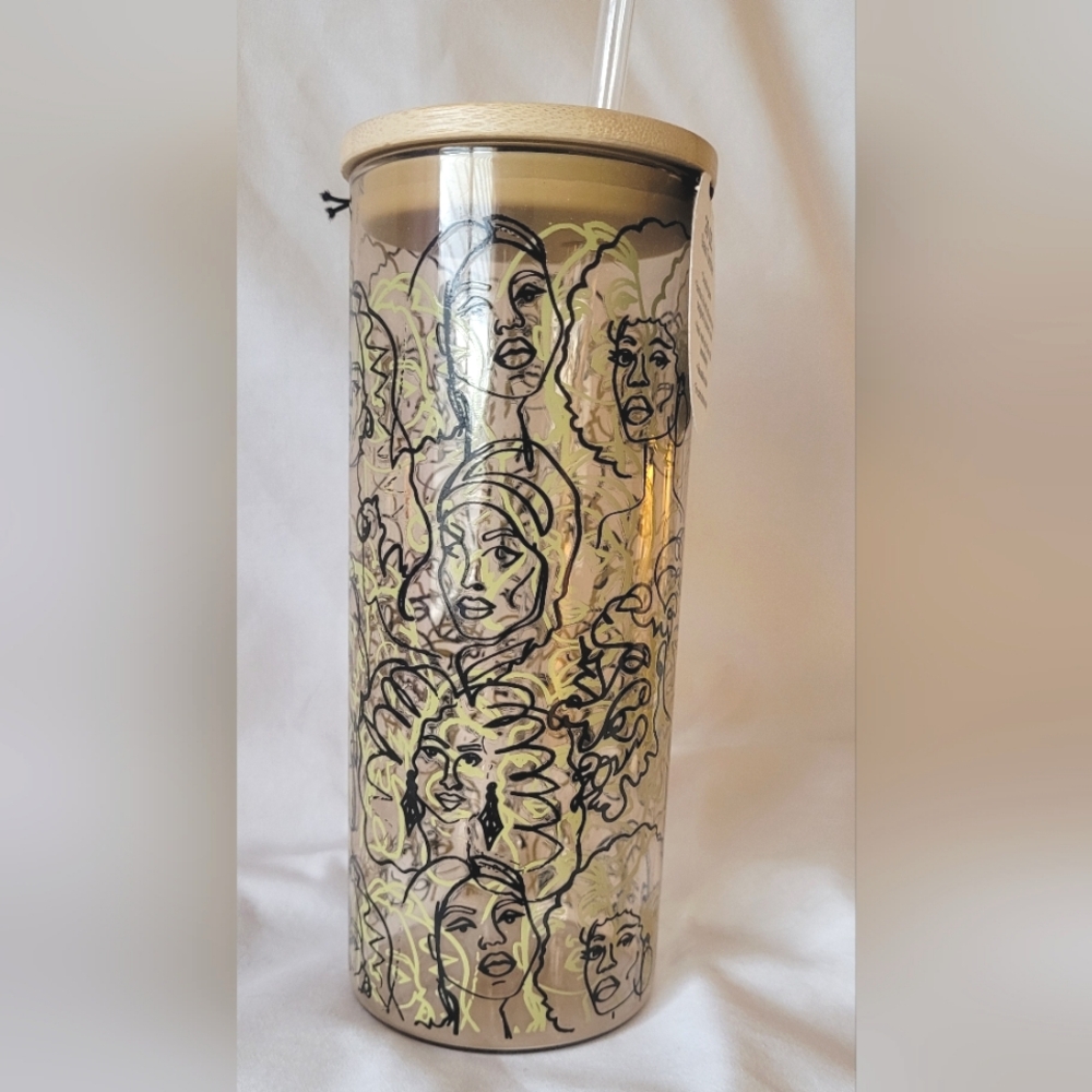 New Etched Glass Cup w/Bamboo Lid & Glass Straw, limited edition (315)
